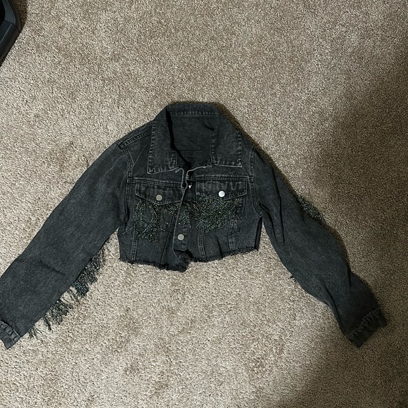 New Crop Denim Jacket Tassel Casual Button Down Long Sleeves Jean Coat - Picture 5 of 6